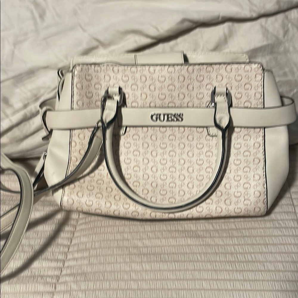 Guess Cream Textured Satchel with Metal Hardware and shoulder strap